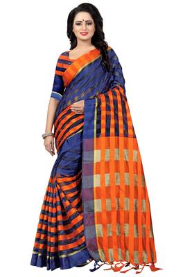 Blue And Orange Checkered Ora Dhupian Saree With Blouse  1