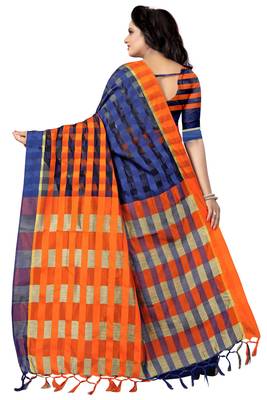 Blue And Orange Checkered Ora Dhupian Saree With Blouse  2