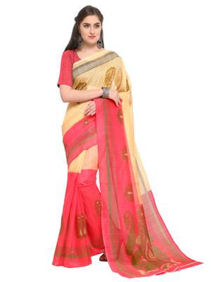 Yellow printed bhagalpuri silk saree with blouse 1