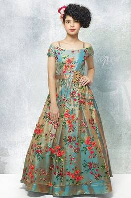 Rama Green Dual Tonne Multi Thread Embroidery Silk Off Shoulder Sleeve Style Wedding Wear Gown Dress For Girls Kids Wear 1
