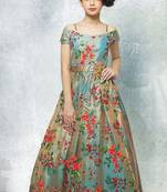 Rama Green Dual Tonne Multi Thread Embroidery Silk Off Shoulder Sleeve Style Wedding Wear Gown Dress For Girls Kids Wear