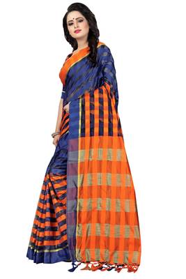 Blue And Orange Checkered Ora Dhupian Saree With Blouse  3