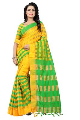 Yellow And Green Checkered Ora Dhupian Saree With Blouse  1