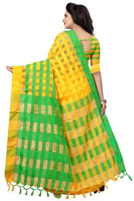 Yellow And Green Checkered Ora Dhupian Saree With Blouse  2