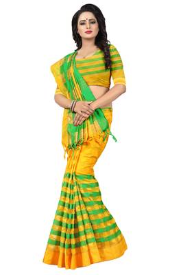 Yellow And Green Checkered Ora Dhupian Saree With Blouse  3