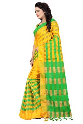 Yellow And Green Checkered Ora Dhupian Saree With Blouse  4