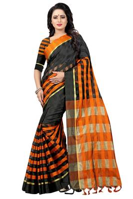 Black And Orange Checkered Ora Dhupian Saree With Blouse  1