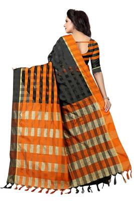 Black And Orange Checkered Ora Dhupian Saree With Blouse  2