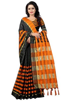 Black And Orange Checkered Ora Dhupian Saree With Blouse  3
