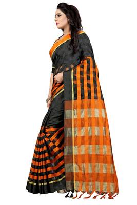 Black And Orange Checkered Ora Dhupian Saree With Blouse  4