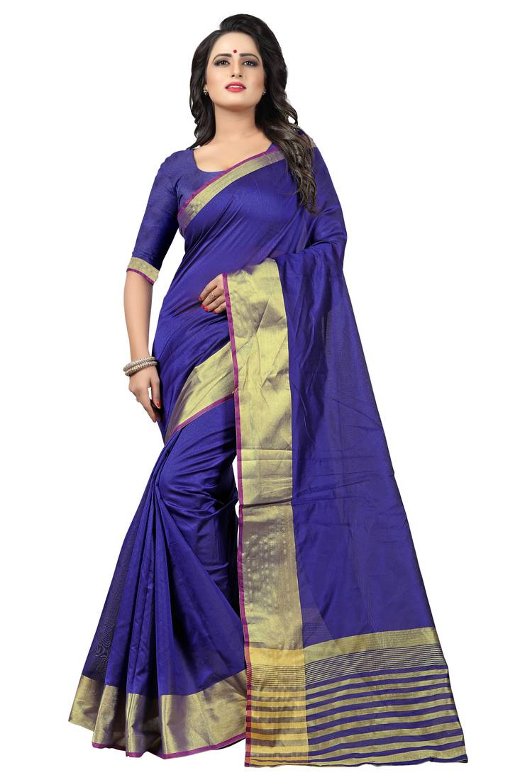 Blue Solid Kota Dhupian Saree With Blouse 