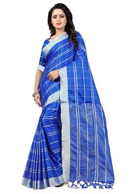 Blue Checkered Linan Cottan Saree With Blouse  1