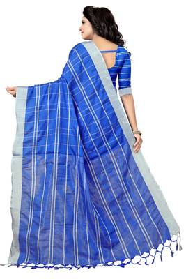 Blue Checkered Linan Cottan Saree With Blouse  2
