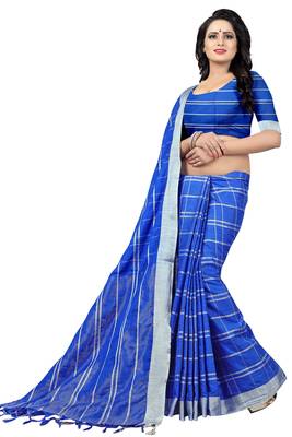 Blue Checkered Linan Cottan Saree With Blouse  3