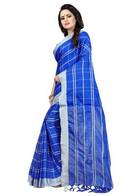 Blue Checkered Linan Cottan Saree With Blouse  4