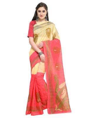 Yellow printed bhagalpuri silk saree with blouse 4