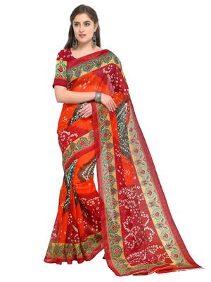 Orange Printed Bhagalpuri silk blend Saree With Blouse 1