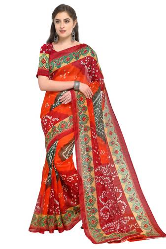 Orange Printed Bhagalpuri Silk Blend Saree With Blouse