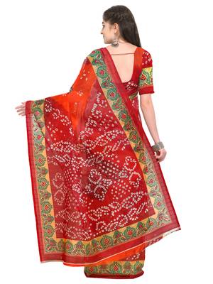 Orange Printed Bhagalpuri silk blend Saree With Blouse 2