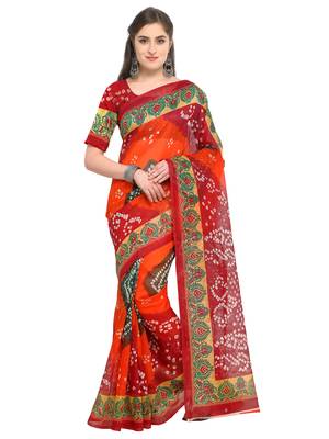 Orange Printed Bhagalpuri silk blend Saree With Blouse 4
