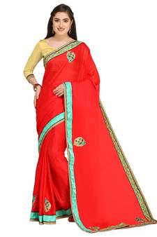 Red embroidered chiffon saree with blouse