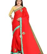 Red embroidered chiffon saree with blouse