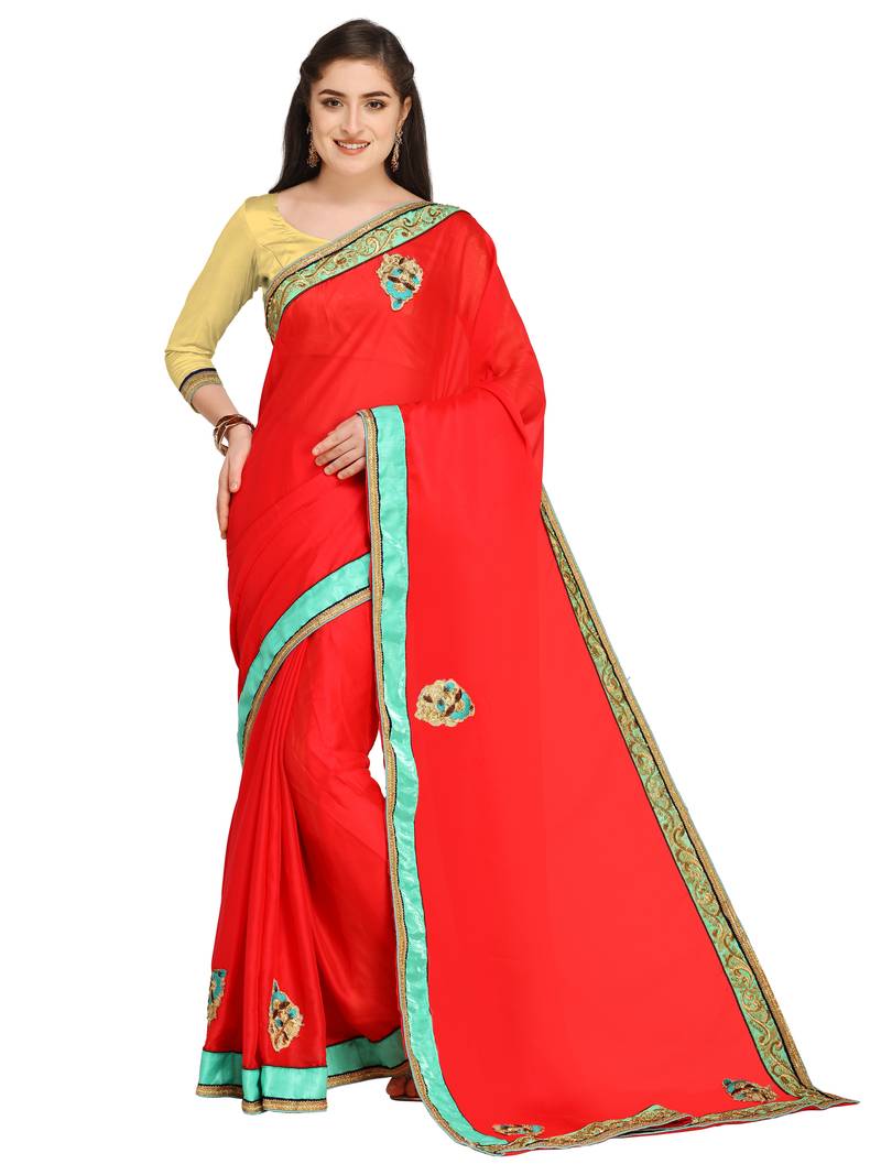 Red embroidered chiffon saree with blouse