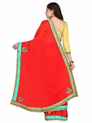 Red embroidered chiffon saree with blouse 2