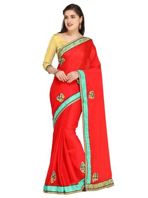 Red embroidered chiffon saree with blouse 5