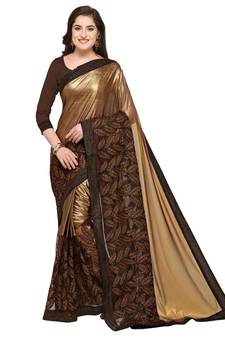 Brown embroidered silk saree with blouse
