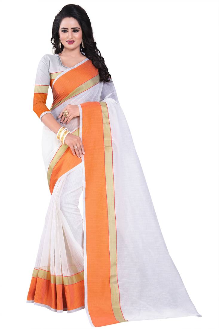 White woven cotton silk saree with blouse
