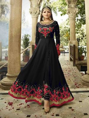 Black embroidered faux georgette semistitched salwar suits 1