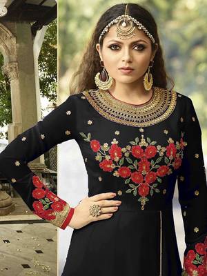 Black embroidered faux georgette semistitched salwar suits 2