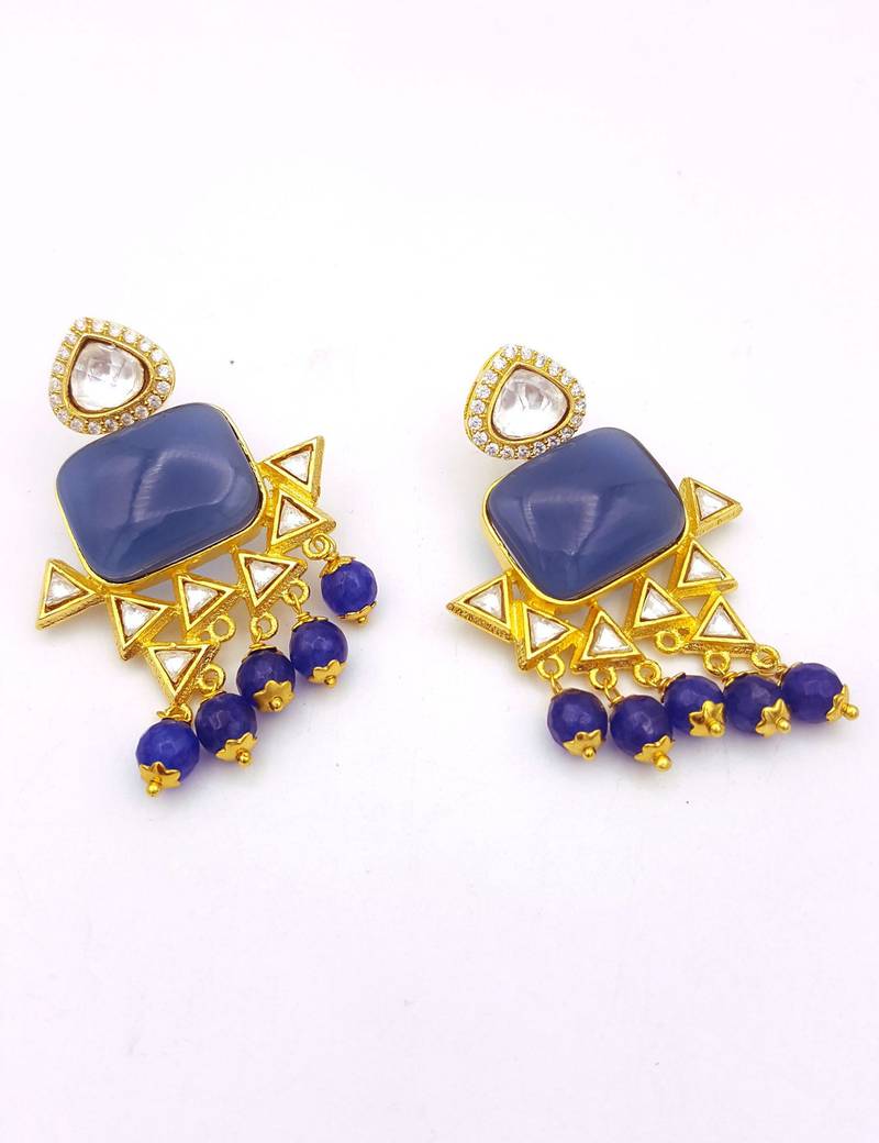 Blue Jadau Kundan Dangle and Drop Earrings Jewellery for Women