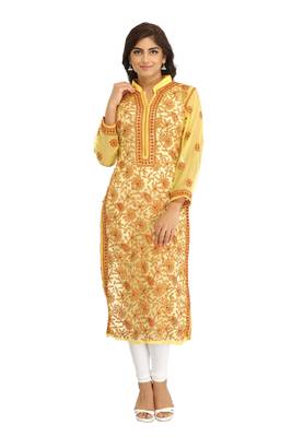 Ada Hand Embroidered Yellow Georgette Lucknowi Chikan Kurta with Slip 1