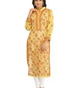 Ada Hand Embroidered Yellow Georgette Lucknowi Chikan Kurta with Slip