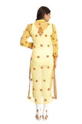 Ada Hand Embroidered Yellow Georgette Lucknowi Chikan Kurta with Slip 2