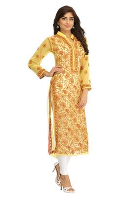 Ada Hand Embroidered Yellow Georgette Lucknowi Chikan Kurta with Slip 3