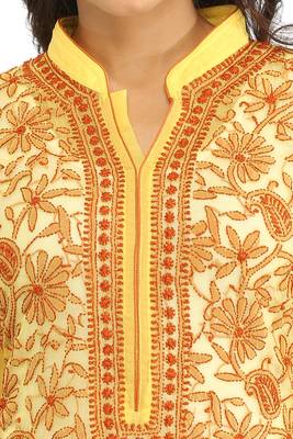 Ada Hand Embroidered Yellow Georgette Lucknowi Chikan Kurta with Slip 4