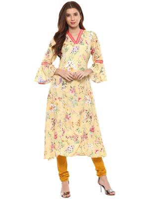 Yellow printed polyester kurti 1