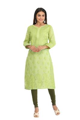 Green Embroidered Cotton Chikankari Kurti 2