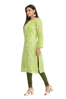 Green Embroidered Cotton Chikankari Kurti 4