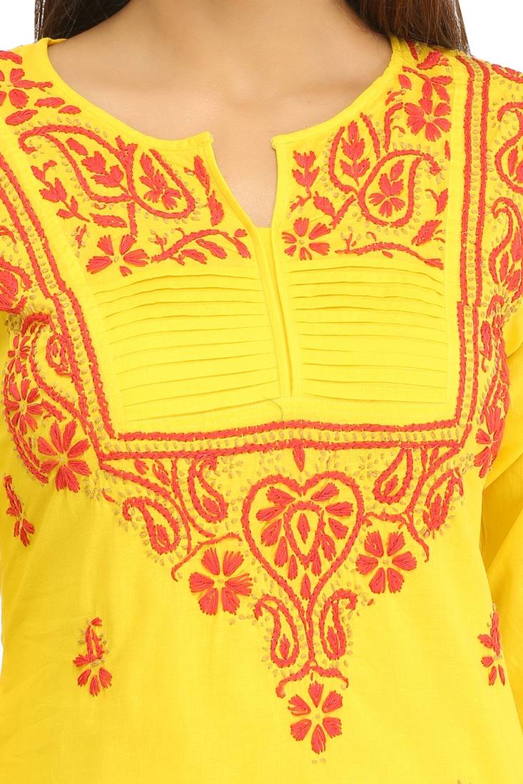 Yellow Embroidered Cotton Chikankari Short Kurti Ada 2696599