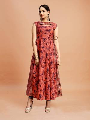 Dark-pink printed cotton poly long-kurtis 1