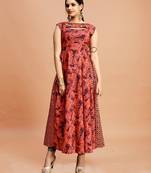 Dark-pink printed cotton poly long-kurtis