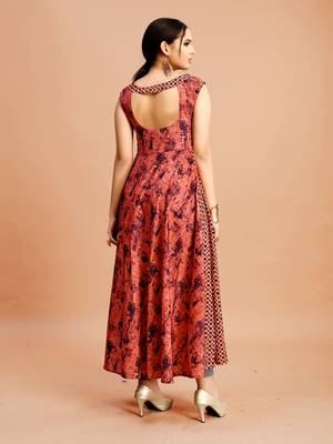 Dark-pink printed cotton poly long-kurtis 2
