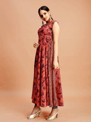 Dark-pink printed cotton poly long-kurtis 3