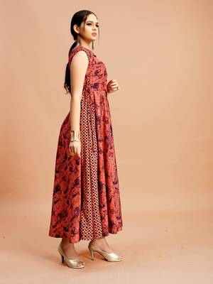 Dark-pink printed cotton poly long-kurtis 4