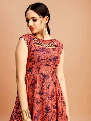 Dark-pink printed cotton poly long-kurtis 5