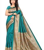 Blue Plain Cotton Kalamkari Saree With Blouse